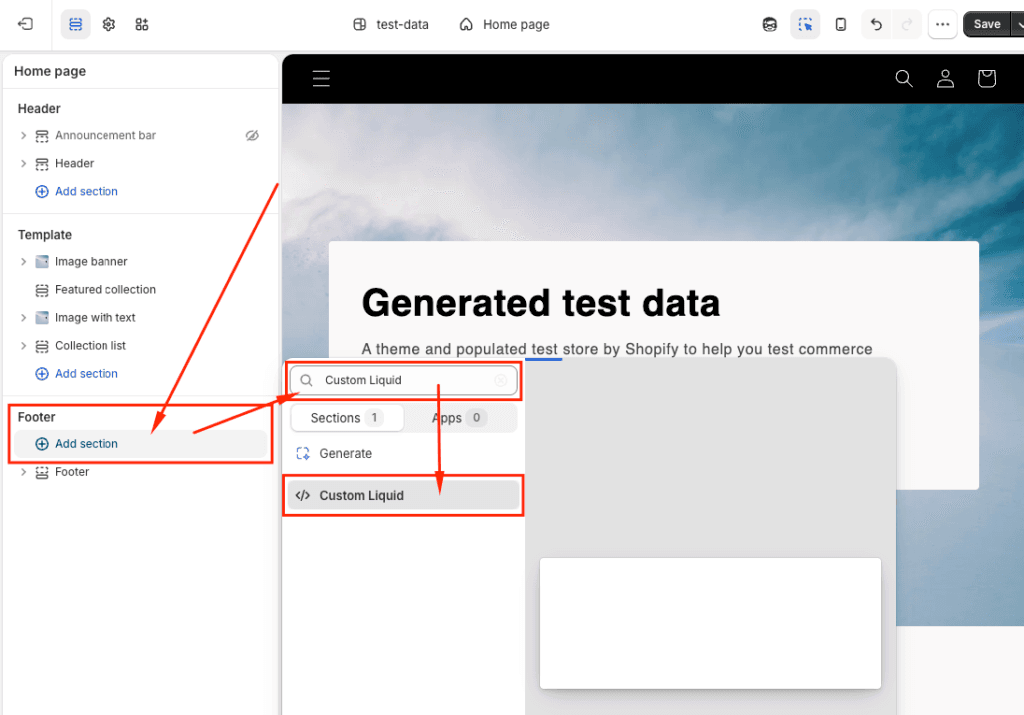 Shopify add custom liquid