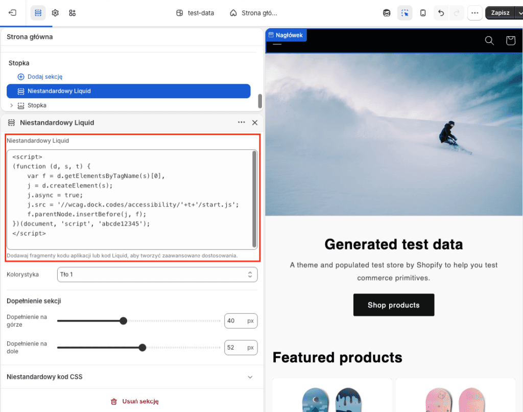 Wstawianie widżetu dostępności w Shopify